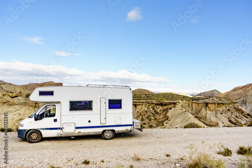 Camper rv in Tabernas desert nature, Spain