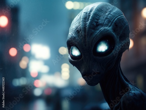 A close up of an alien with glowing eyes. Generative AI.