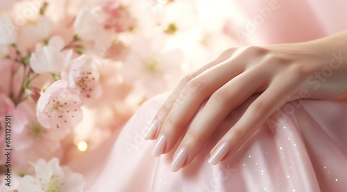 stylish fashionable nails with bright pink gel polish and delicate cherry blossoms on silk flowing fabric.manicure for special occasions