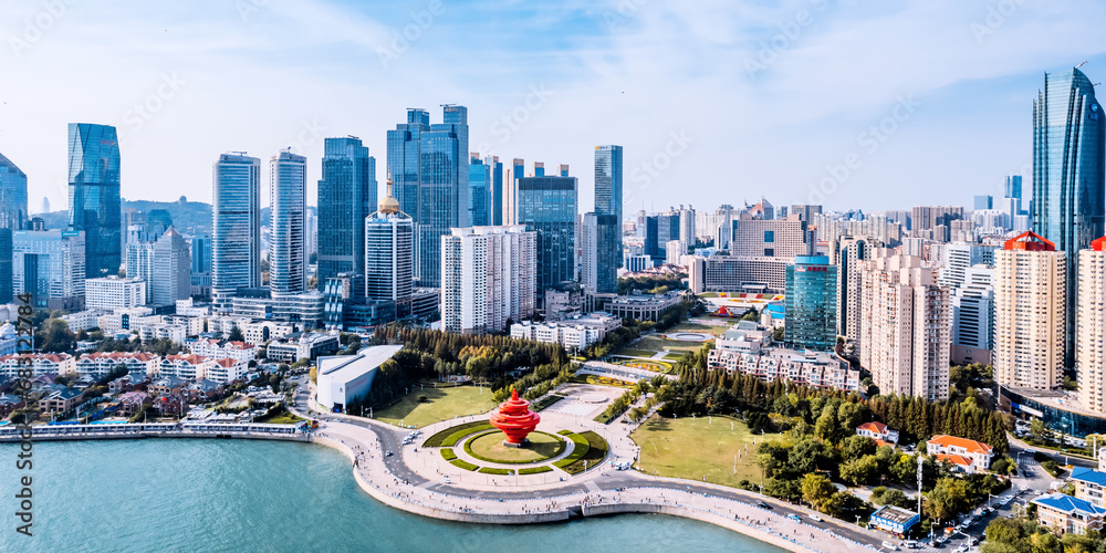Aerial photography of the coastline and skyline of Qingdao May Fourth Square, Shandong, China - obrazy, fototapety, plakaty 