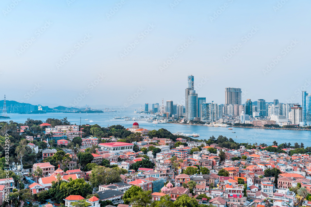 Panoramic Scenery of Gulangyu Island and Urban Coastline in Xiamen, Fujian, China