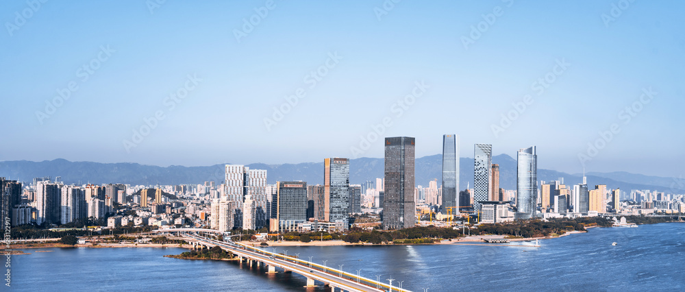 CBD city skyline scenery along the Min River in Fuzhou, Fujian, China