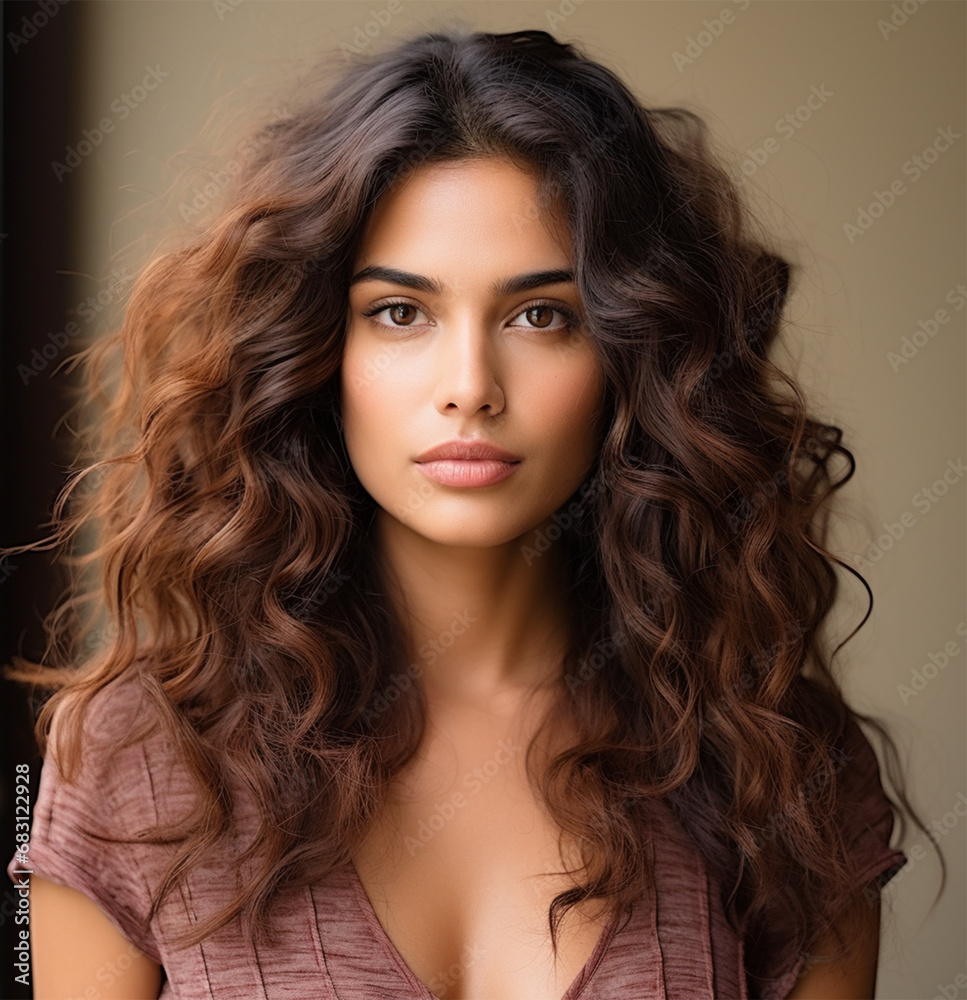 Portrait of an beautiful young woman with long curly brown hair . content for beauty salons on social networks Portrait of an beautiful young woman with long curly brown hair . content for beauty salons on social networks