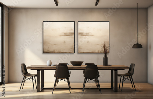 Minimalist modern  interior design of dining room with  beige wall and wall art