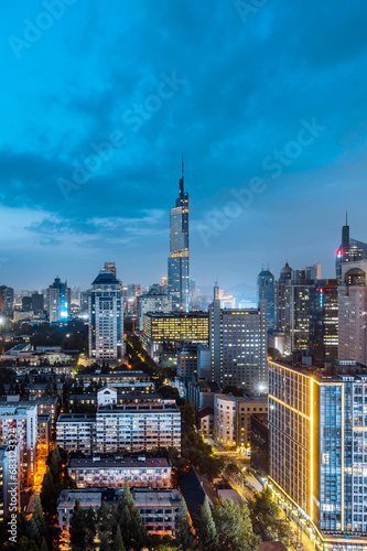Night view of Zifeng Tower city skyline in Nanjing  Jiangsu  China