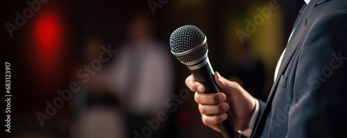 Blurred background, businessman speech, holding microphone talking in conference hall, seminar, speaker concept