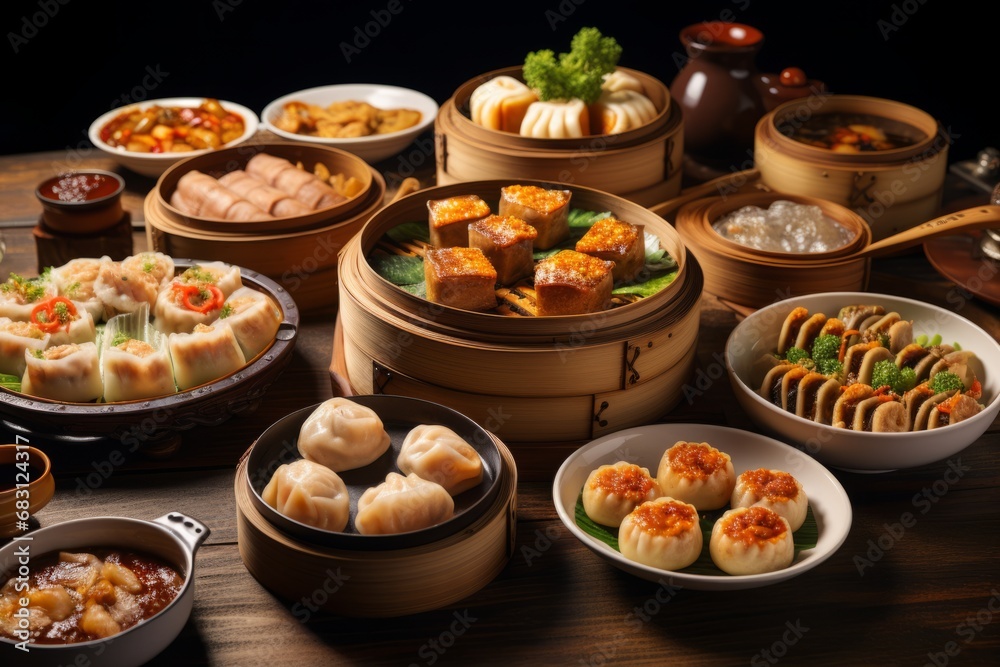 An enticing spread of traditional Chinese 'Yum Cha' dishes featuring dumplings, buns, rice noodle rolls, and tea, served in bamboo steamers on a round table An enticing spread of traditional Chinese 'Yum Cha' dishes featuring dumplings, buns, rice noodle rolls, and tea, served in bamboo steamers on a round table