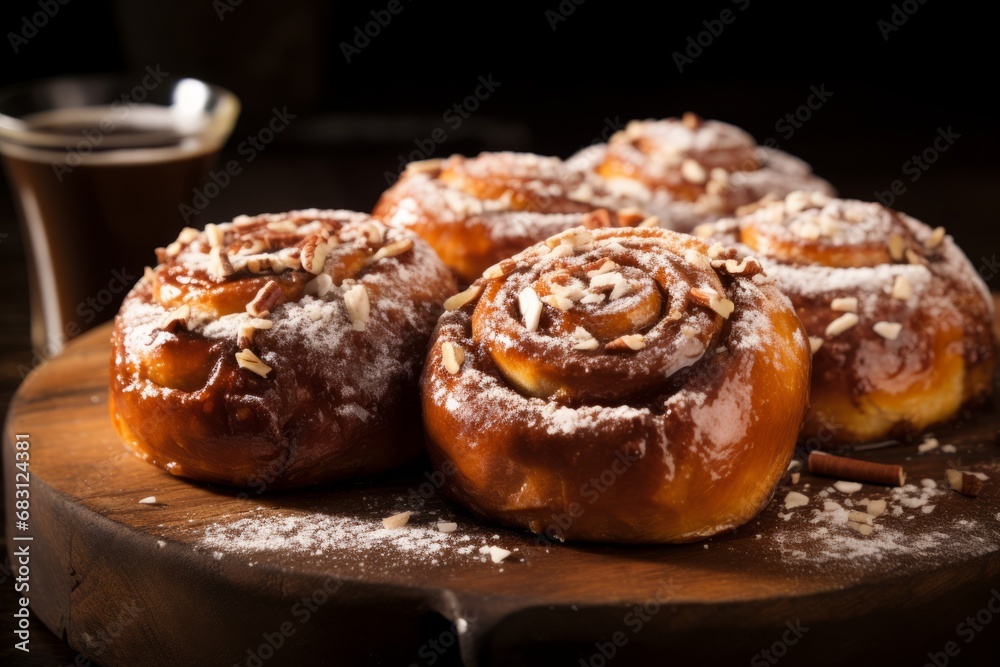 A delicious pile of freshly baked Swedish Kanelbullar, gently dusted with pearl sugar, nestled on a rustic wooden table, invitingly waiting to be devoured with a warm cup of coffee