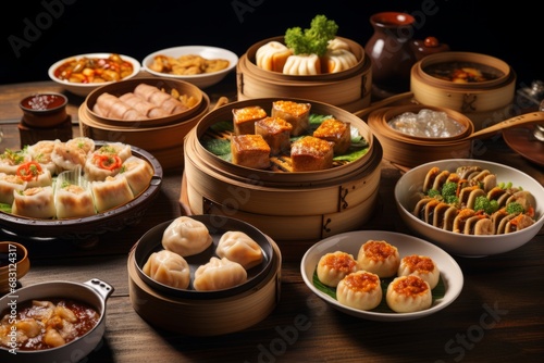 An enticing spread of traditional Chinese 'Yum Cha' dishes featuring dumplings, buns, rice noodle rolls, and tea, served in bamboo steamers on a round table