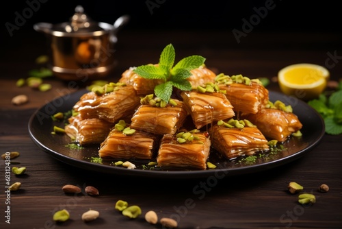 A beautifully arranged platter of golden, crisp baklava, drizzled with honey and sprinkled with crushed pistachios, served on a rustic wooden table