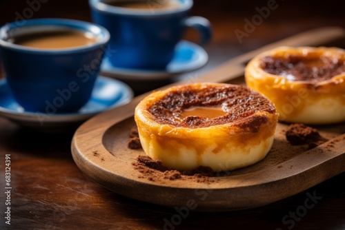 A close-up shot of a freshly baked Pastel de Nata, the traditional Portuguese custard tart, served on a rustic wooden table with a cup of espresso on the side