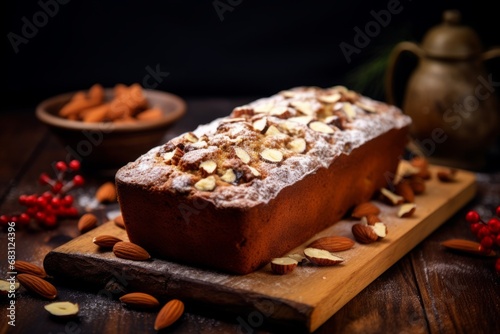 A delicious homemade Speculaas cake  a traditional Belgian dessert  beautifully decorated with almond slivers and dusted with powdered sugar  served on a rustic wooden table