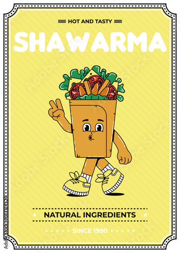 Retro groovy cartoon character fast food poster. Vintage mascot shawarma with psychedelic smile and emotion. Funky vector illustration