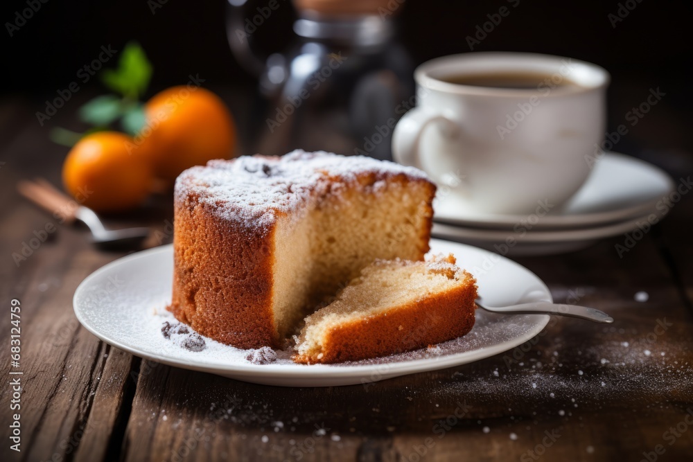A freshly baked, golden brown pound cake, dusted with powdered sugar, served on a rustic wooden table with a cup of hot coffee and a vintage silver fork