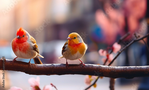 two similar birds gathered on a branch with blurred cherry blossom branches in background © Randall