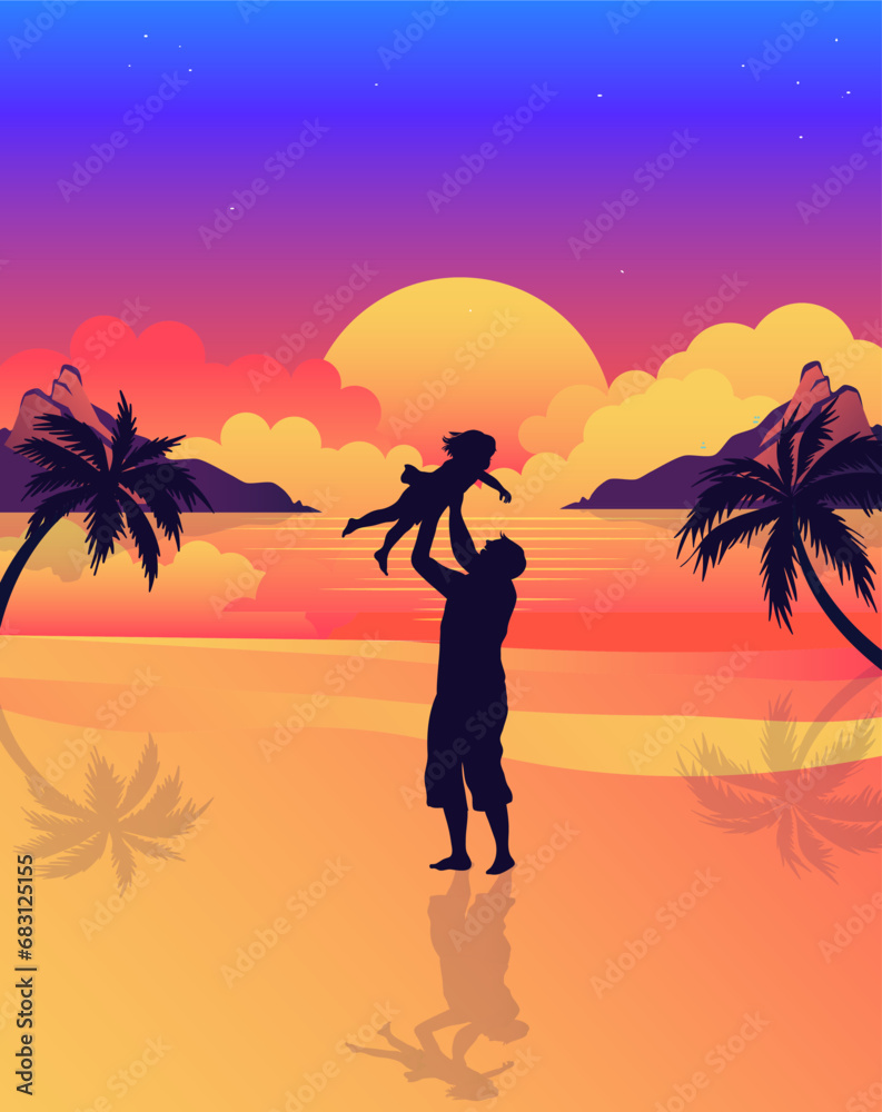 Joyful dad and daughter silhouette in the beach. Sunset beautiful and family background. Vector Illustration. 