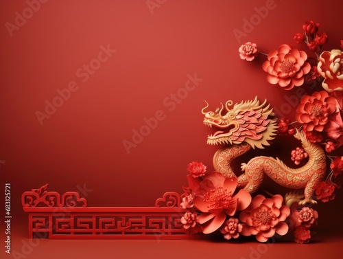 Happy Chinese New Year, the year of the Wood Dragon Chinese zodiac, wooden dragon statue, Lunar New Year mockup