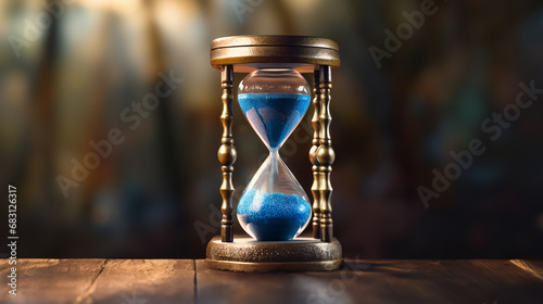 An antique hourglass with blue sand slowly falling., Photo Represents Time Is Running Out 