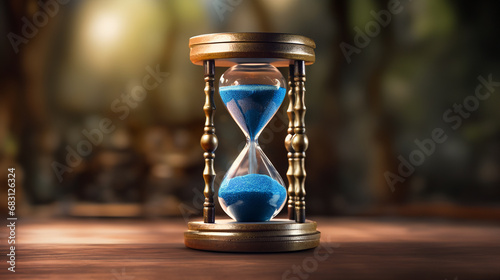 An antique hourglass with blue sand slowly falling., Photo Represents Time Is Running Out 