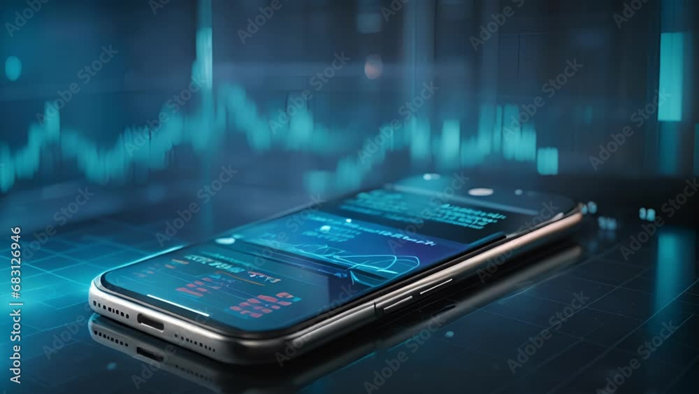 A striking visual of a stock market concept on a phone screen, with a holographic display of an abstract graph chart in shades of blue.
