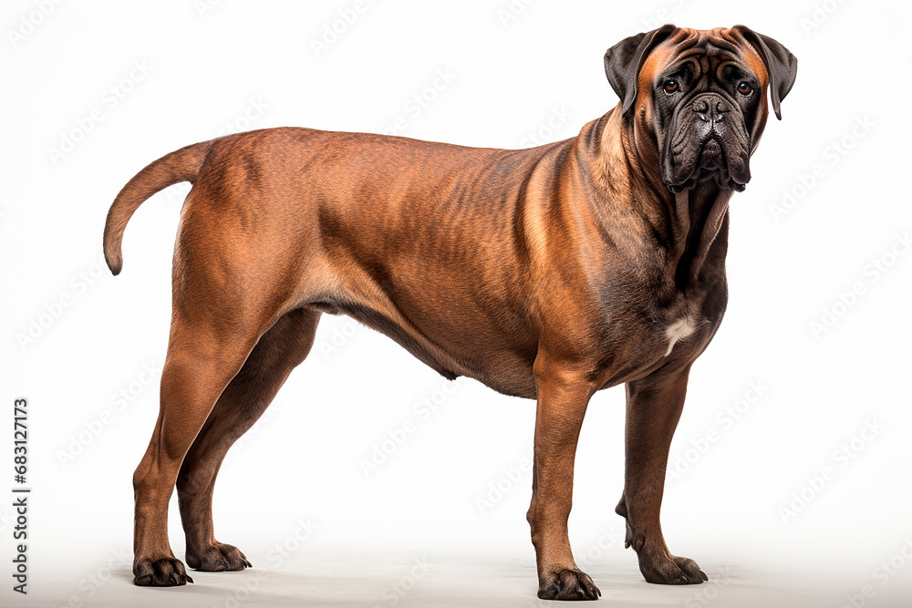 Obraz premium Bullmastiff standing on a white background. Animal right-side portrait.