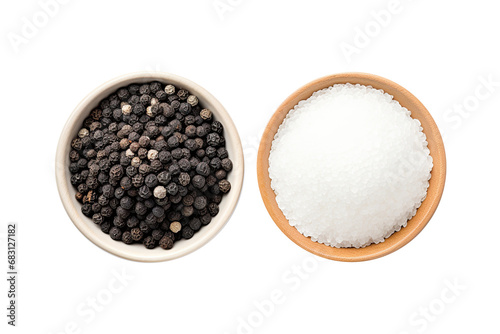 Natural sea salt and black pepper isolated on white background