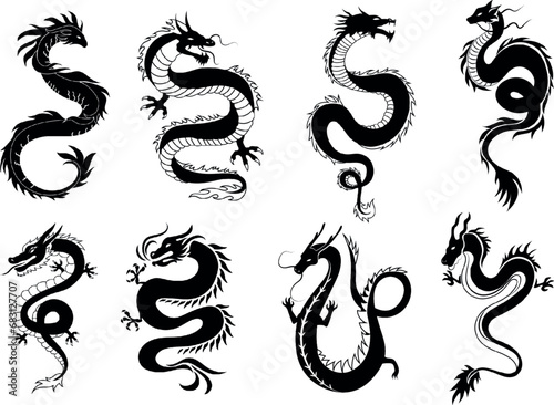 Vector Asian Dragon silhouettes  Ancient Chinese animals creatures. black vector illustration design on white background