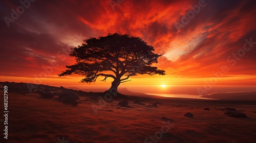 A lone tree silhouetted against a fiery, sunset-lit horizon.