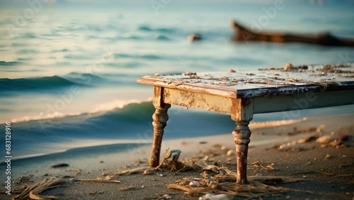 Upon closer examination, one can see small scratch marks and nicks on the legs of the table, evidence of curious sea creatures who have explored this piece of furniture. photo