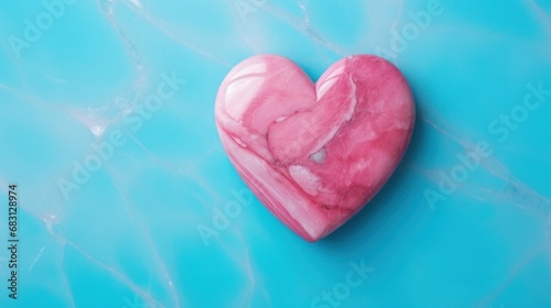 3D Pink heart shaped stone marble on blue turquoise sea texture background. Valentine's day-wedding. wall wallpaper graphics. template for artwork design. Copy space.