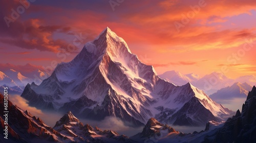 A panoramic view of a snow-capped mountain range bathed in alpenglow.