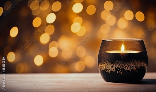 Beautiful gold candle with tiny bokeh lights in the background; holiday product display or room for text marketing asset