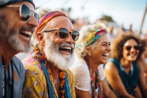 A Laughing Group of People Rocking Sunglasses and a Bearded Gentleman in the Mix Wearing Hippy Clothing. A group of people with sunglasses and a man with a beard laughing.