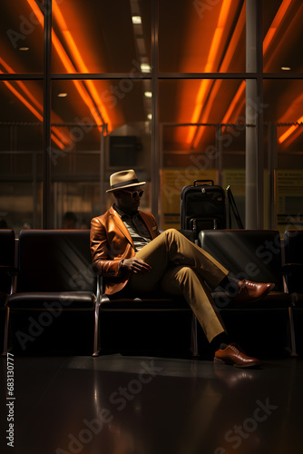 Portrait of a black African American man in a hat and suit sitting in an airport waiting room