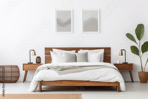 Stylish and sophisticated black and white bedroom with white bed, black comforter, pillows, and throw blanket. Large black and white abstract painting © wiwid