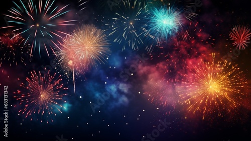 Abstract colored firework background with free space for text. Salute. New year. Holiday. Fire show. New Year celebration fireworks. colorful fireworks on the night sky background