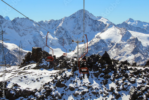 Cable car stations on Mount Elbrus with blue sky, Russia.