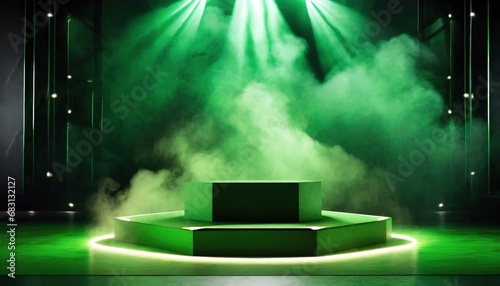 A green podium with smoke, illuminated by spotlights, creating a dramatic ambiance. An empty pedestal ready for an award ceremony or presentation.dh