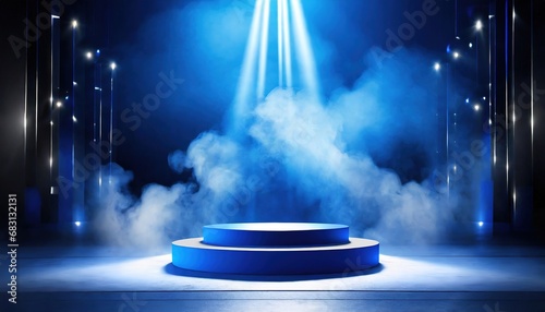 A blue podium with smoke, illuminated by spotlights, creating a dramatic ambiance. An empty pedestal ready for an award ceremony or presentation.dh