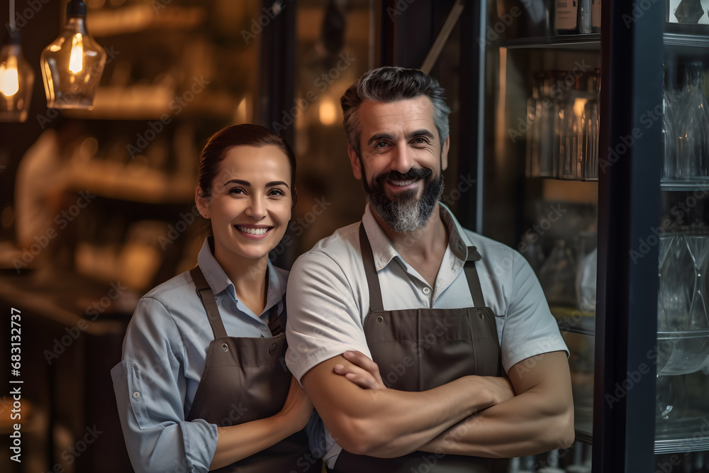 Small business owner couple standing in front of your own store restaurant Small business owner couple standing in front of your own store restaurant