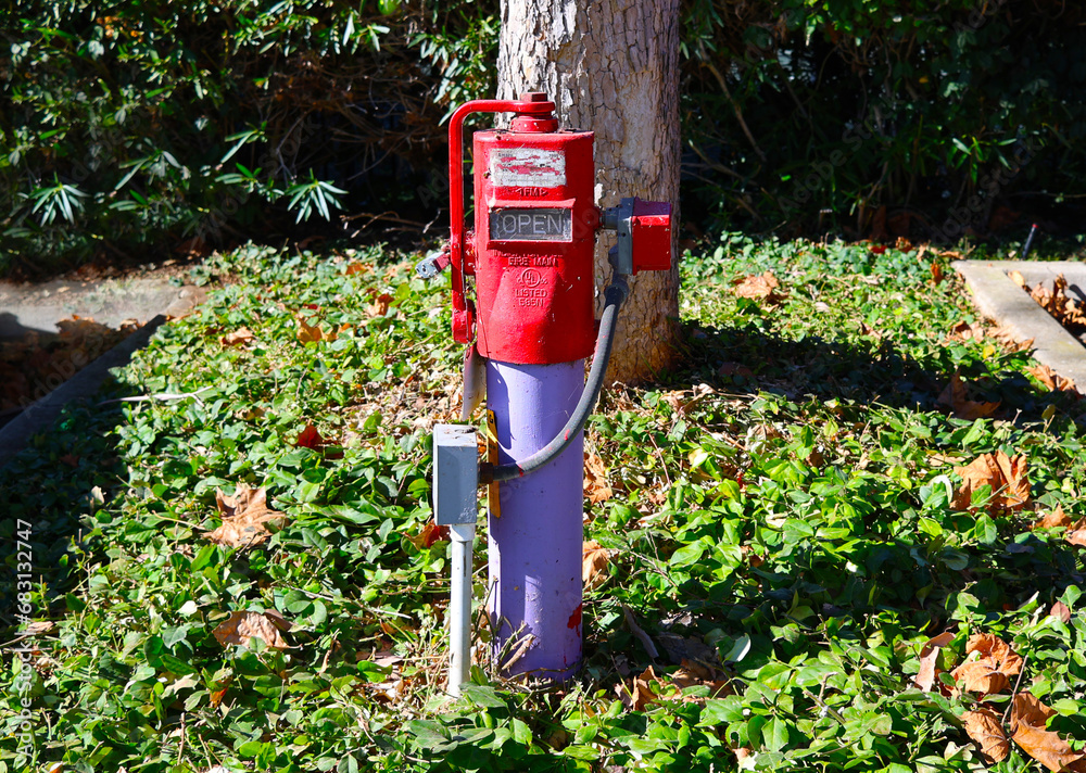 A fire protection indicator post. fire post indicator valve Red fire