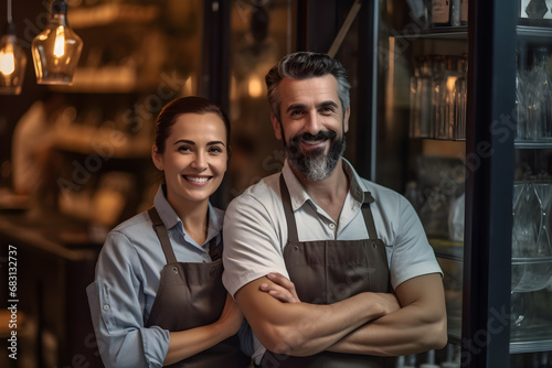 Small business owner couple standing in front of your own store restaurant