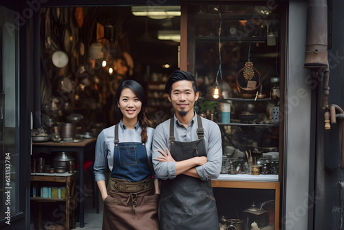 Small business owner asian couple standing in front of your own store restaurant