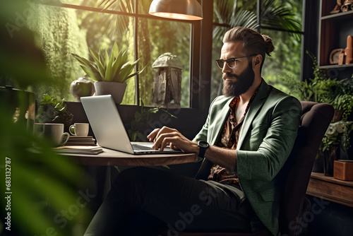 Businessman working on laptop at cafe