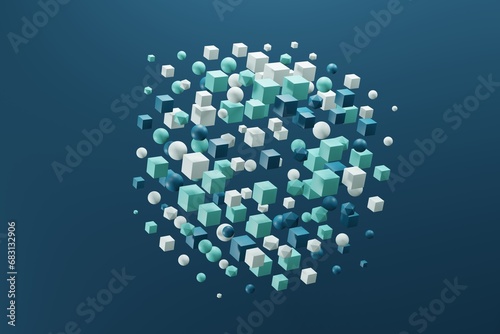 abstract background, geometric backdrop, 3d wallpaper creative design, cubes and spheres, technology, blue , white and light green