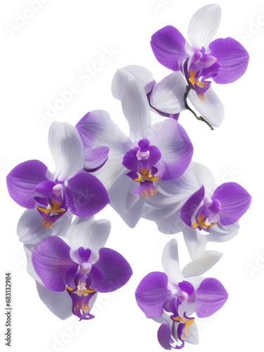 Close up purple-white orchid flower bouquet. The side of exotic flower branch.