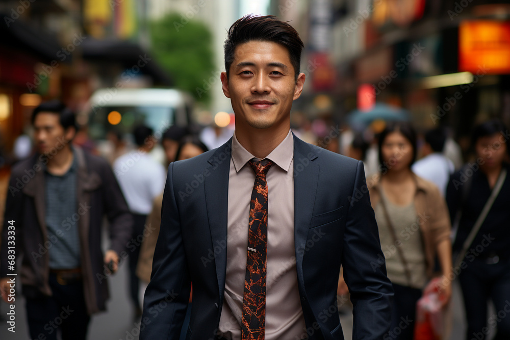 portrait of a handsome smiling young asian chinese businessman boss in a suit walking on a city street to his company office. portrait of a handsome smiling young asian chinese businessman boss in a suit walking on a city street to his company office.
