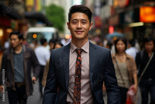 portrait of a handsome smiling young asian chinese businessman boss in a suit walking on a city street to his company office. 