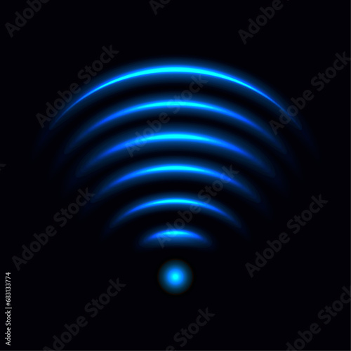 Wi-Fi light effect, blue glowing signal sensor waves internet wireless connection. Wireless technology digital radar or sonar with glowing light effect. Vector
