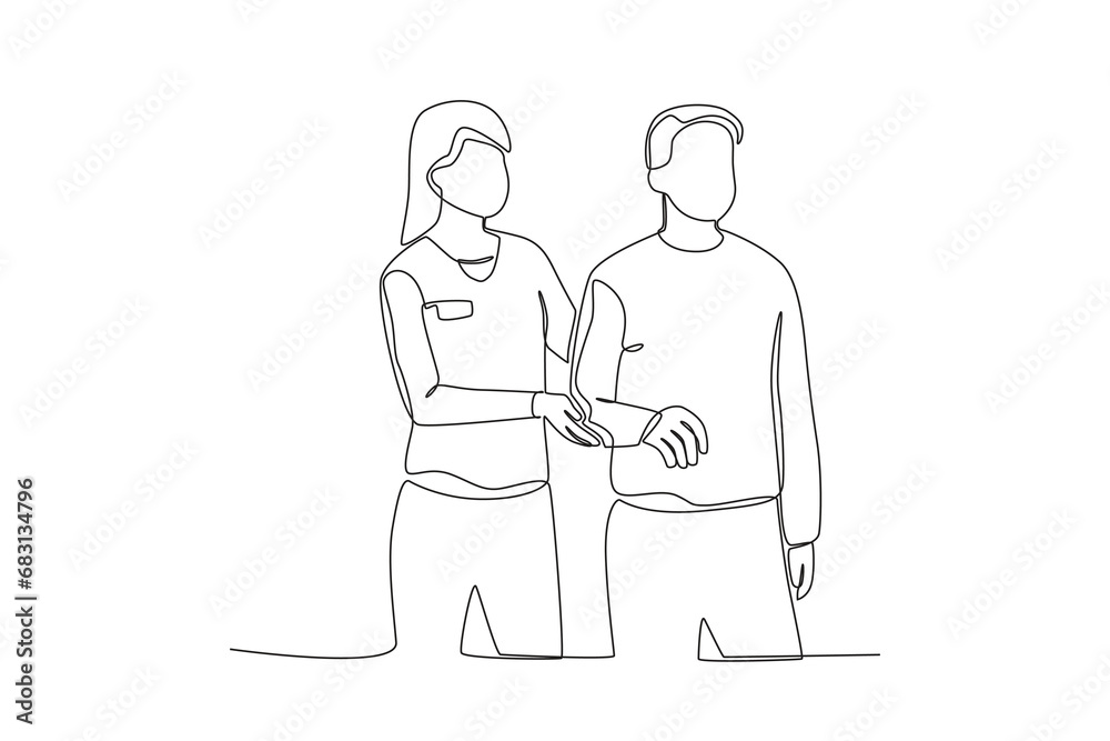 Single continuous line drawing of A female nurse is helping the elderly to do therapy. Medical health care service workers concept one line draw design vector graphic illustration
Single continuous line drawing of A female nurse is helping the elderly to do therapy. Medical health care service workers concept one line draw design vector graphic illustration